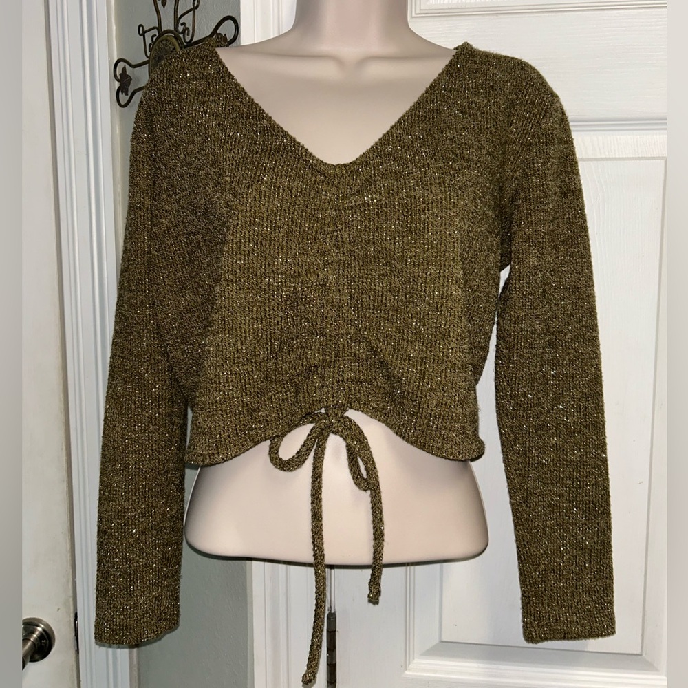 Brown / Olive Green Knit V-Neck Sweater Crop Top Lace Up Ruching w Sparkle